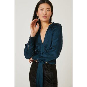 Anthopologie V Neck Tie Waist Blouse in Turquoise